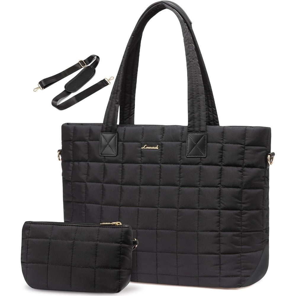 LOVEVOOK quilted puffer laptop tote bag front view in black color