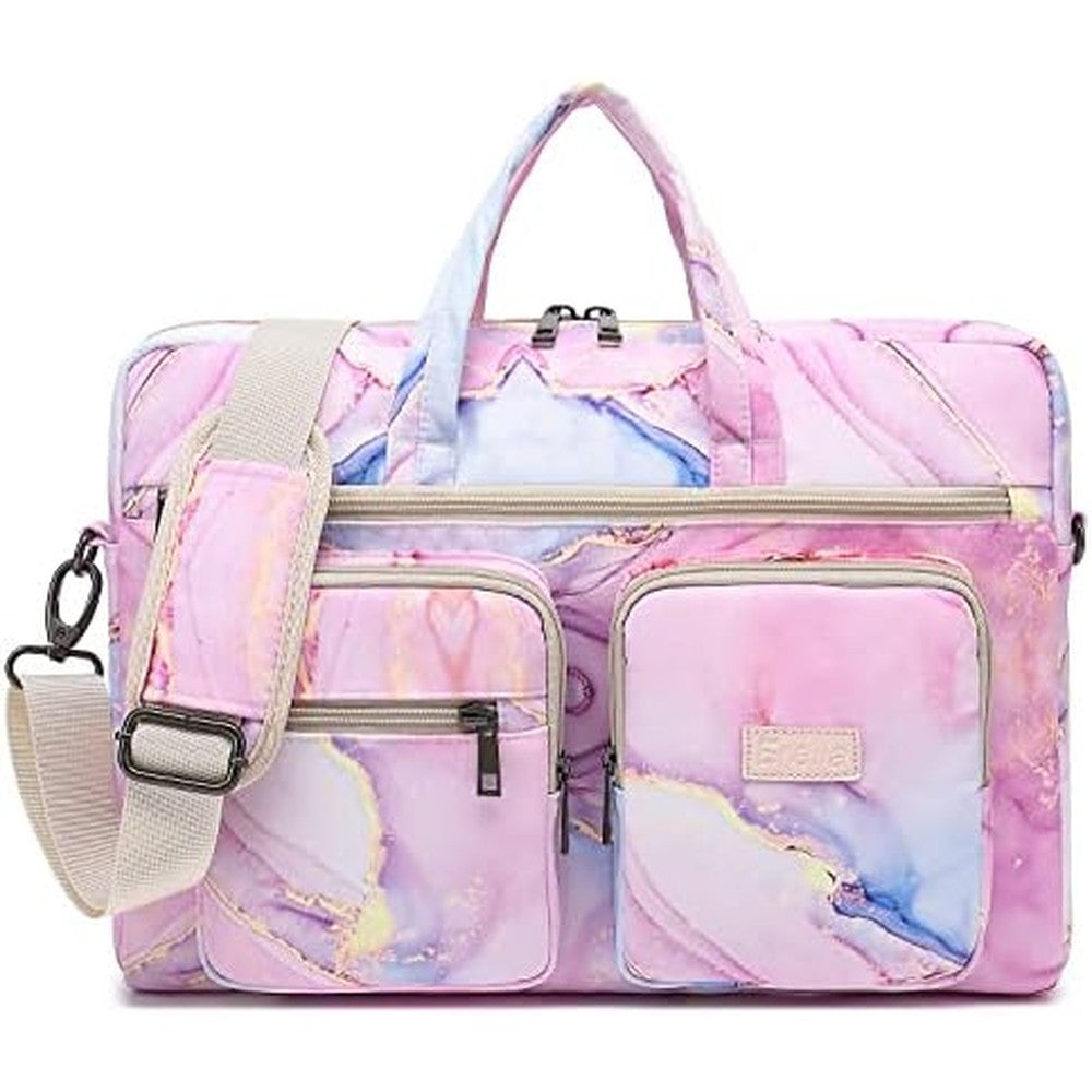 EZrelia waterproof laptop shoulder bag front view showing pink marble design