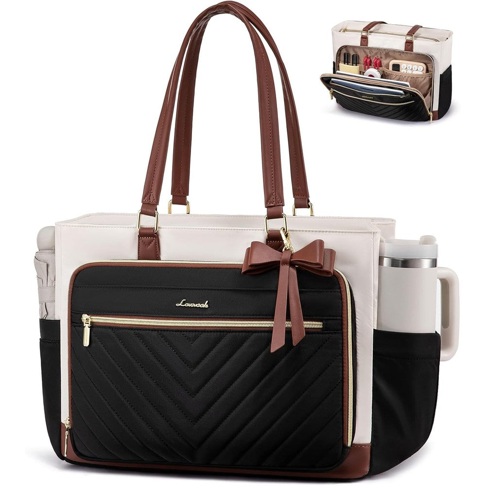 LOVEVOOK teacher tote bag front view showing black quilted fabric and brown handles