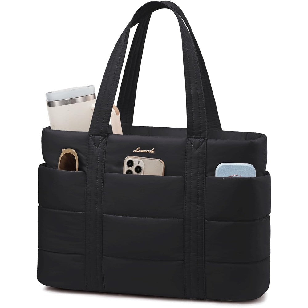LOVEVOOK large puffer work tote laptop bag front view in black premium quilted style.