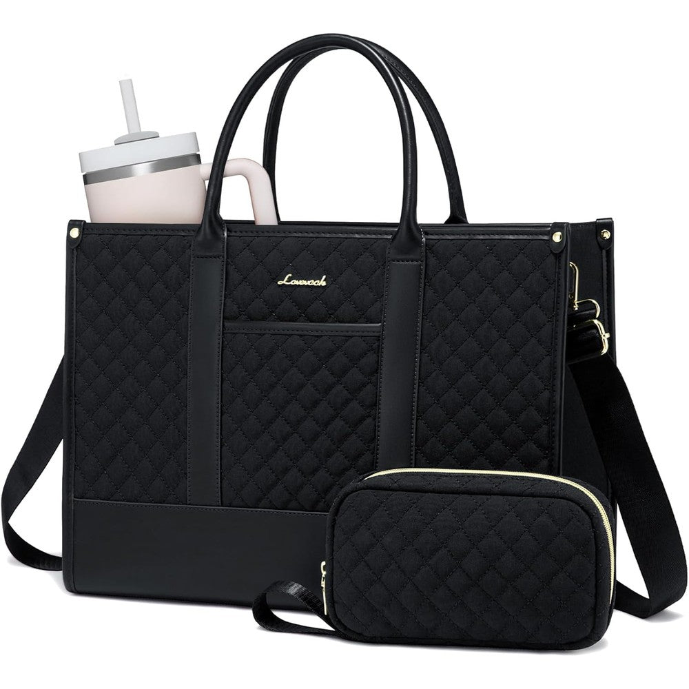 LOVEVOOK quilted black laptop tote bag front view showing professional design.