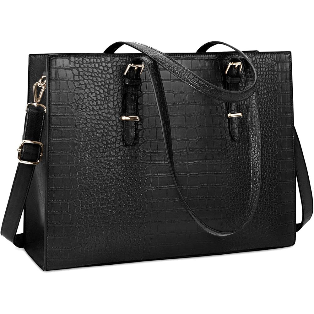 Lubardy women crocodile leather laptop bag front view showcasing professional black textured business tote design