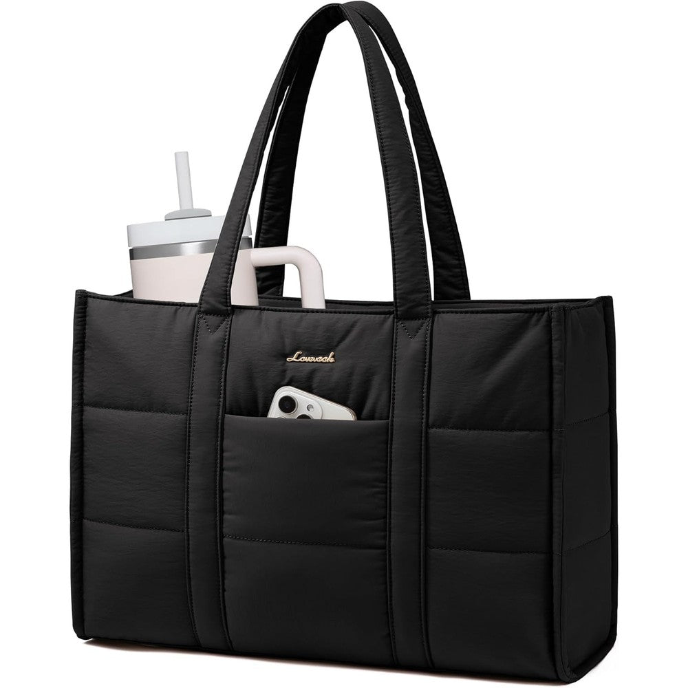 LOVEVOOK quilted laptop bag for women front view in classic black color