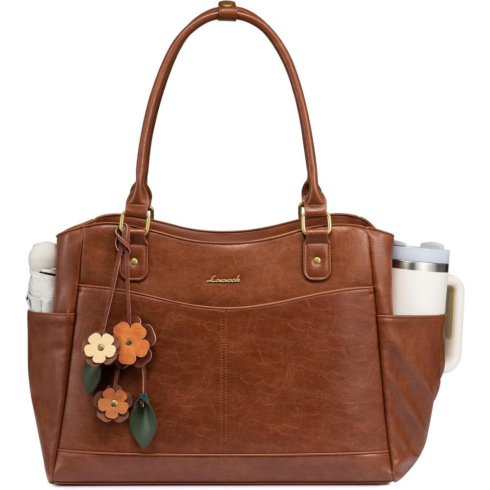 LOVEVOOK leather vintage laptop bag for women front view showcasing wave curved design and premium leather finish.