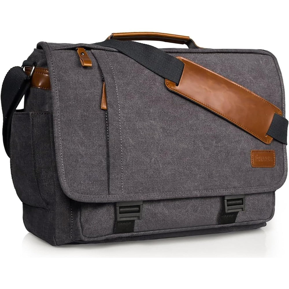 Estarer Men Messenger Bag front view in grey water resistant canvas with brown leather accents