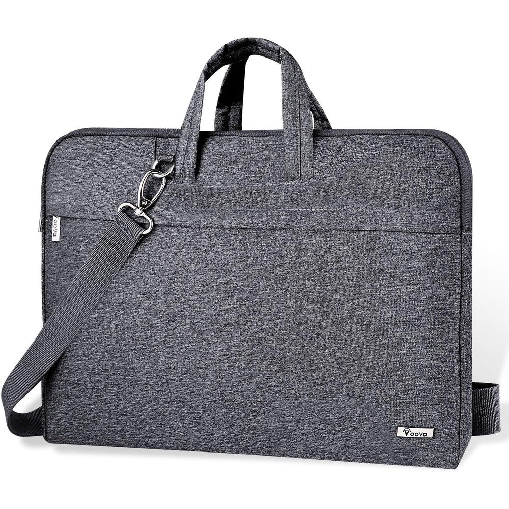 Voova laptop bag 17.3 inch grey front view showcasing water resistant Oxford fabric and dual zipper closure.
