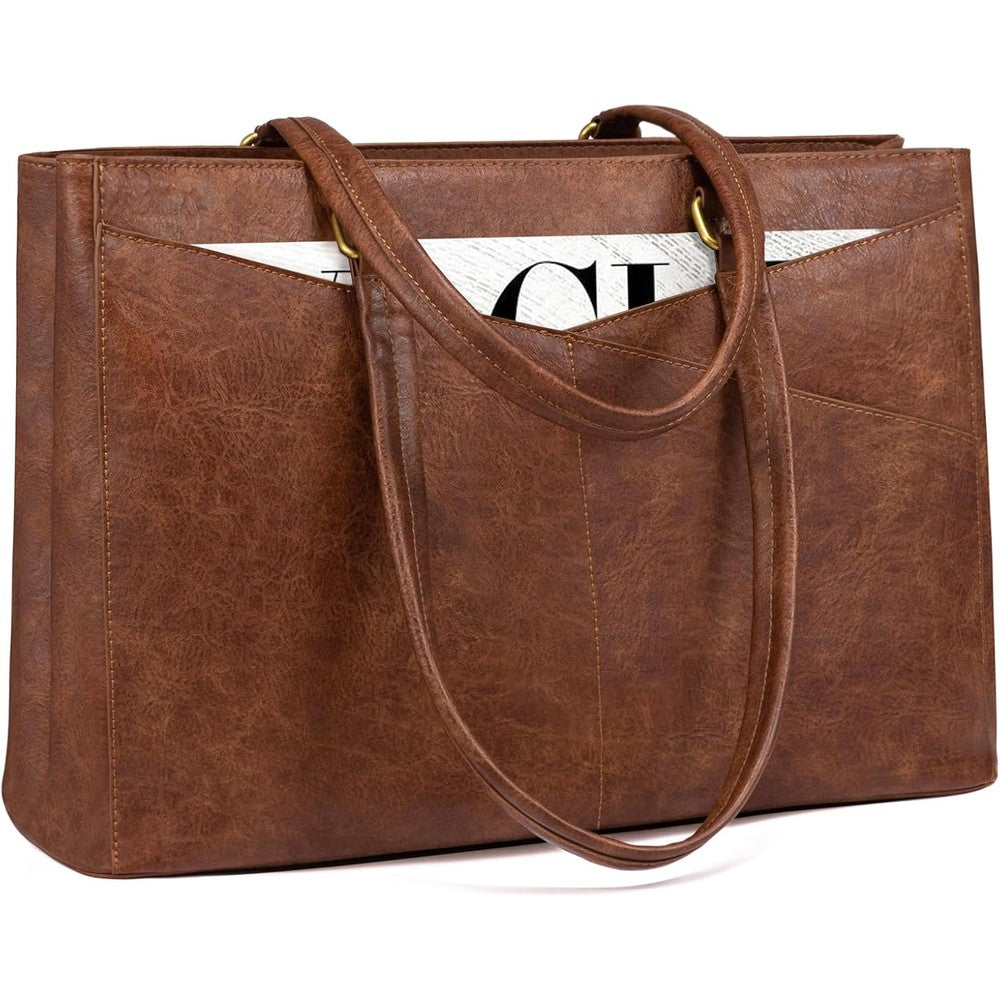 LOVEVOOK laptop bag for women front view brown leather work tote