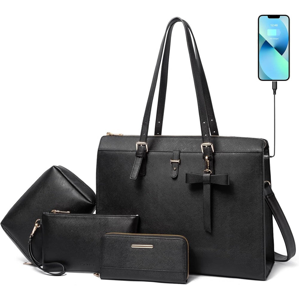 Keyli 4-piece women's laptop bag set in black front view showing bow detail