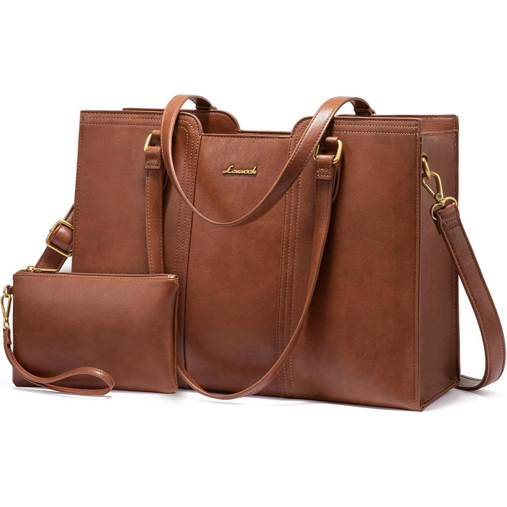 LOVEVOOK laptop bag for women front view in vintage brown vegan leather