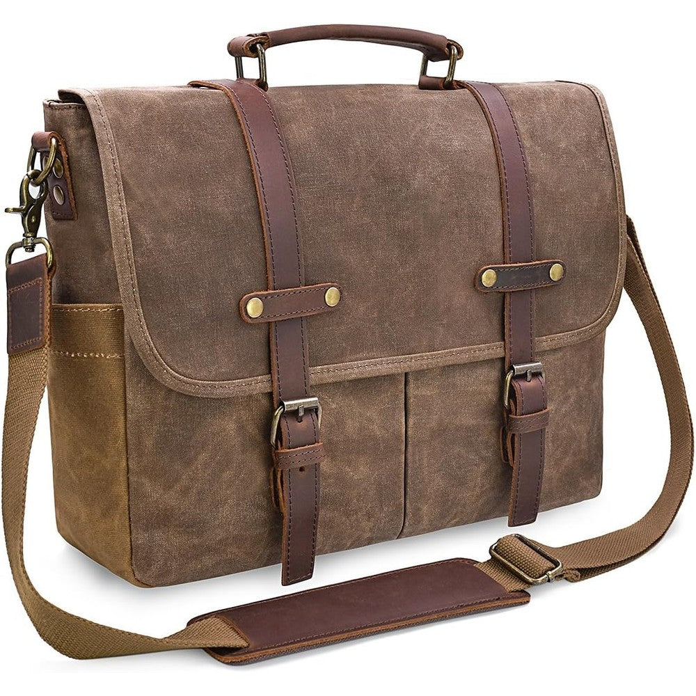 NEWHEY mens leather messenger bag brown front view showcasing vintage style