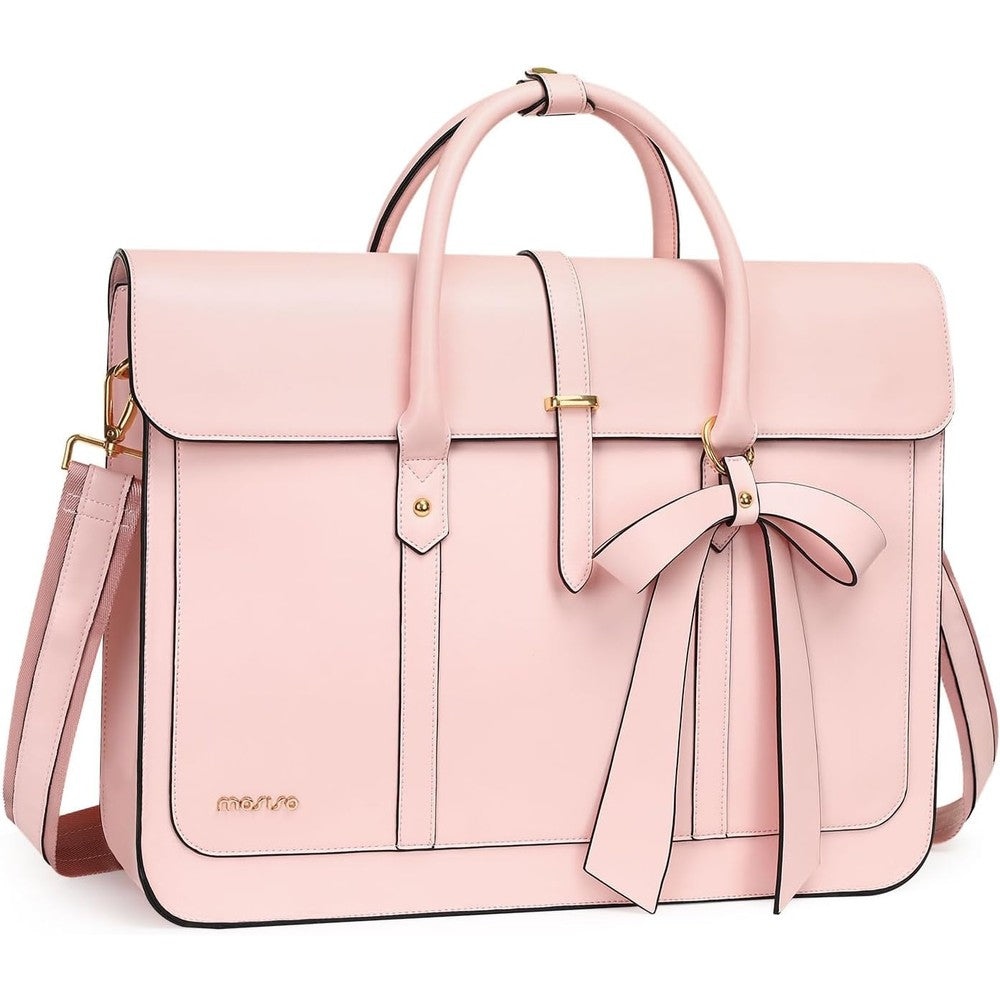 MOSISO women leather laptop bag pink front view featuring the decorative bowknot design