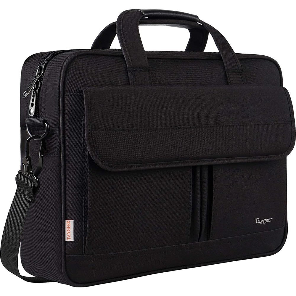 Taygeer laptop bag front view showcasing water resistant black nylon material and premium business briefcase silhouette.