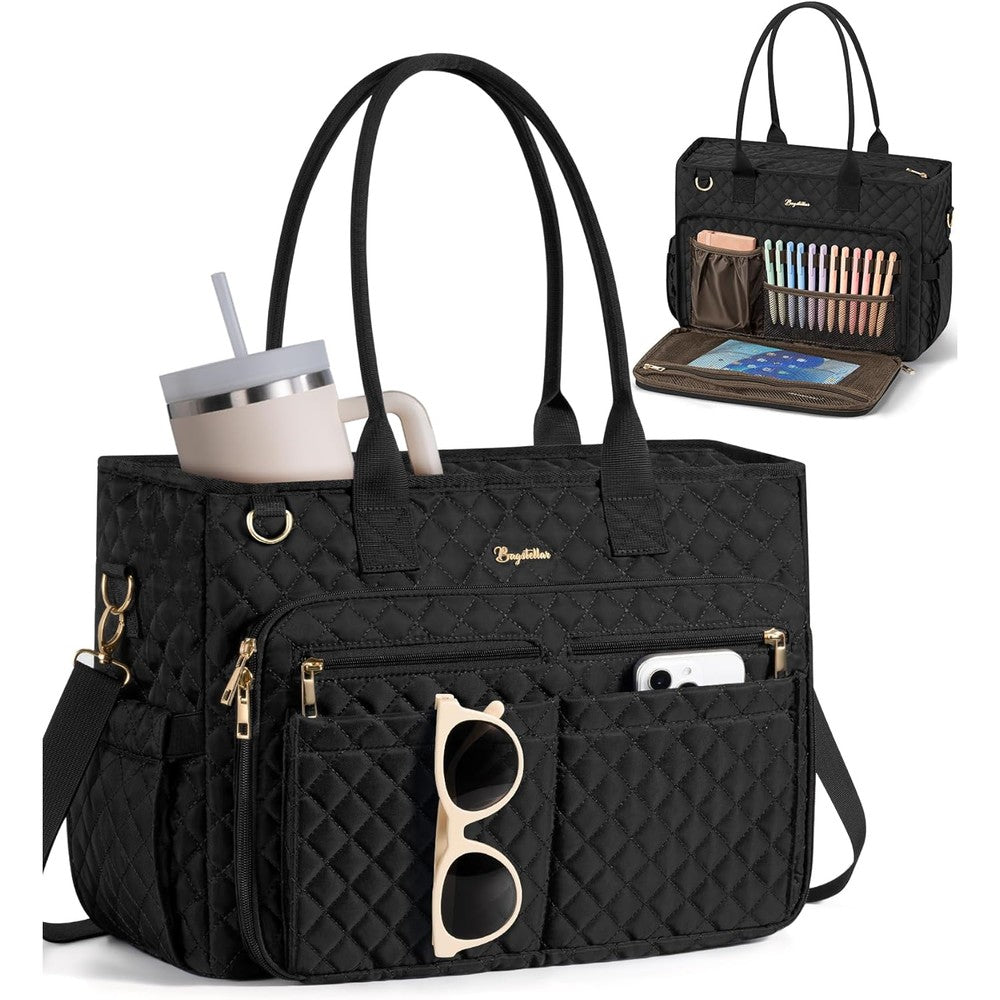 Bagstellar quilted teacher tote bag front view in black showing structured exterior pockets.