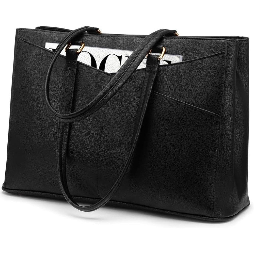 LOVEVOOK laptop tote bag for women black front view featuring structured design