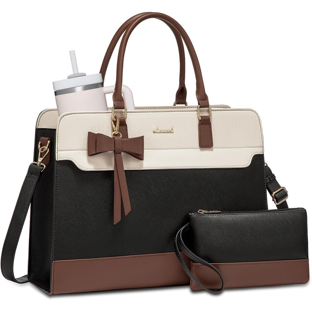 LOVEVOOK laptop tote bag for women front view showing tri-color leather design and decorative bow accent.