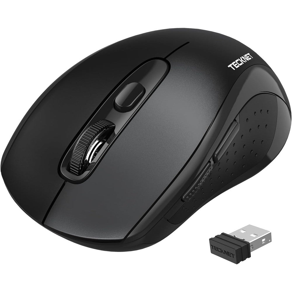 Tecknet wireless ergonomic mouse front view showing compact portable design