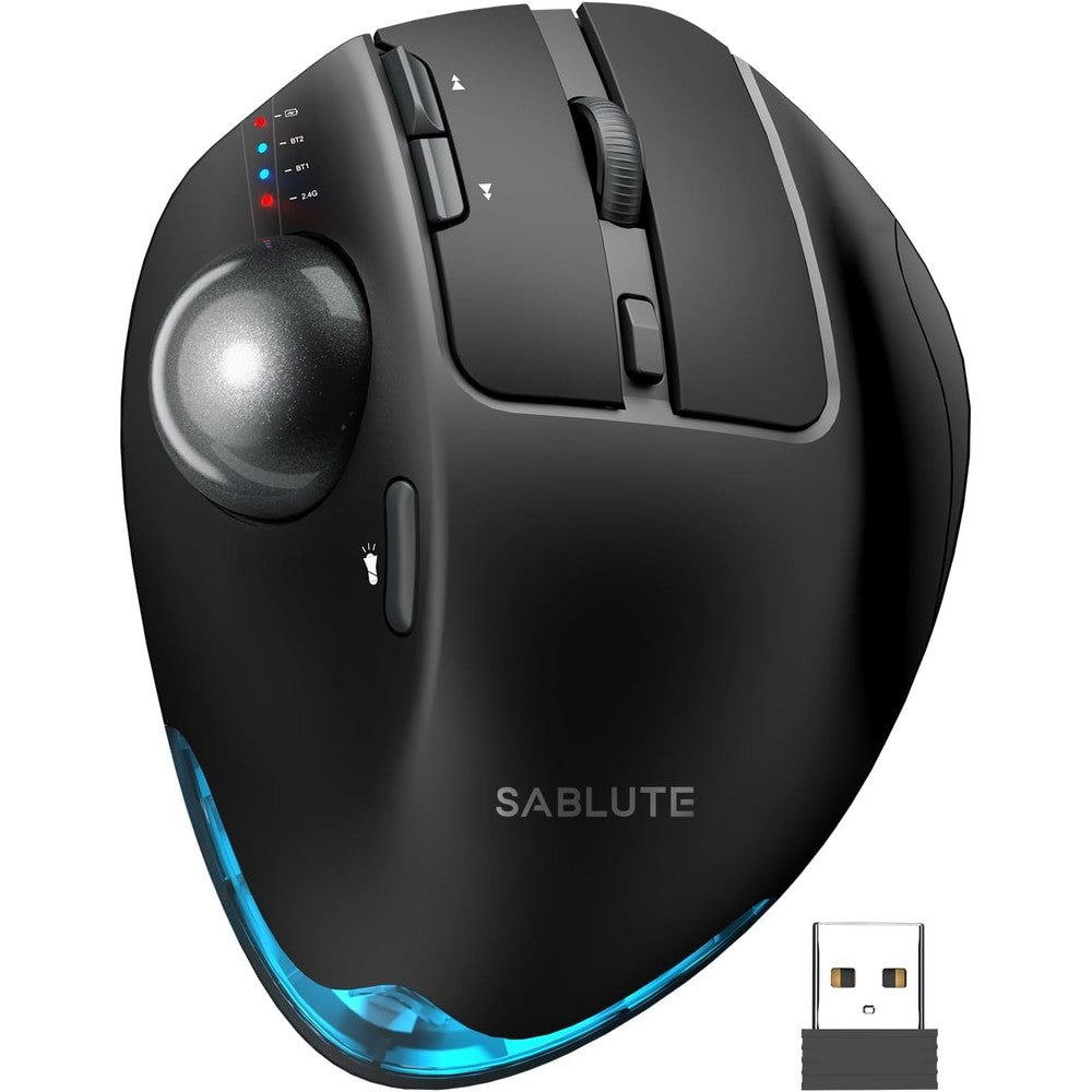 SABLUTE MAM1 Pro ergonomic wireless trackball mouse front view showcasing the grey thumb control rollerball and black contoured body.