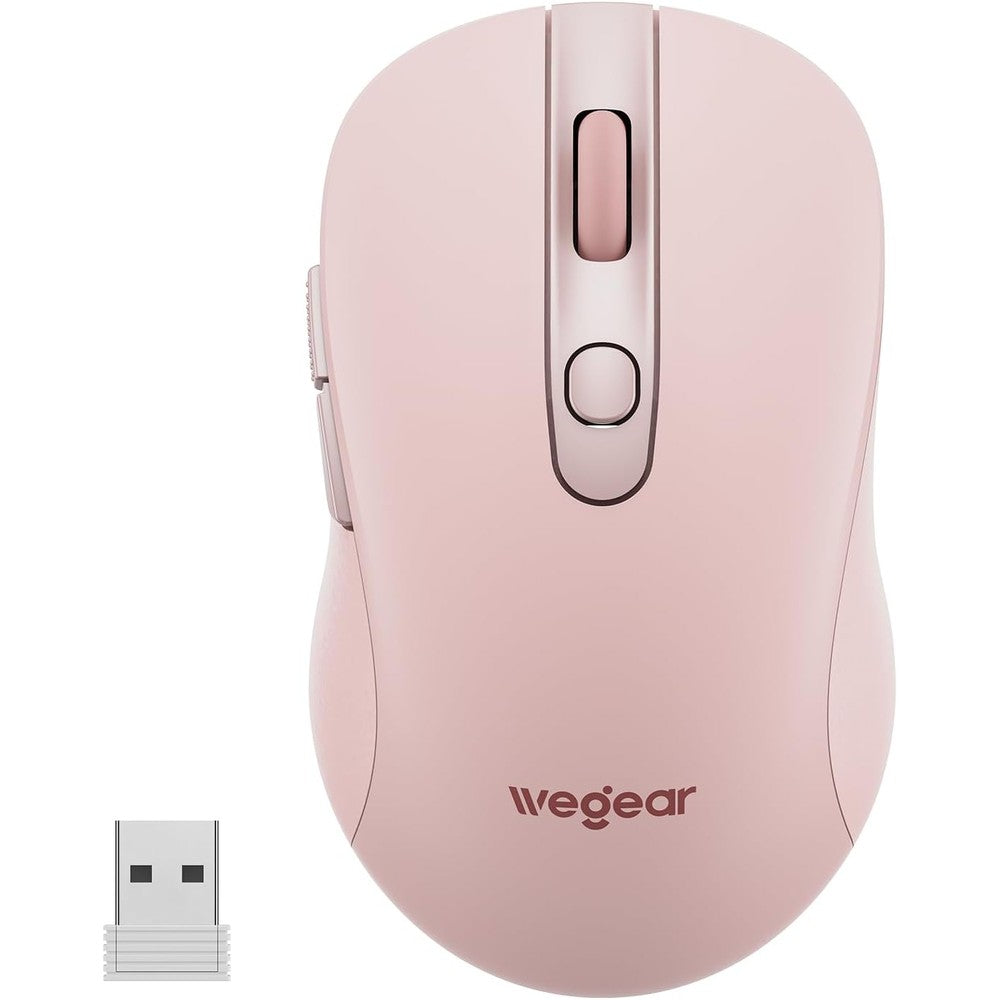 Wegear USB wireless mouse pink front view featuring the scroll wheel and DPI adjustment button