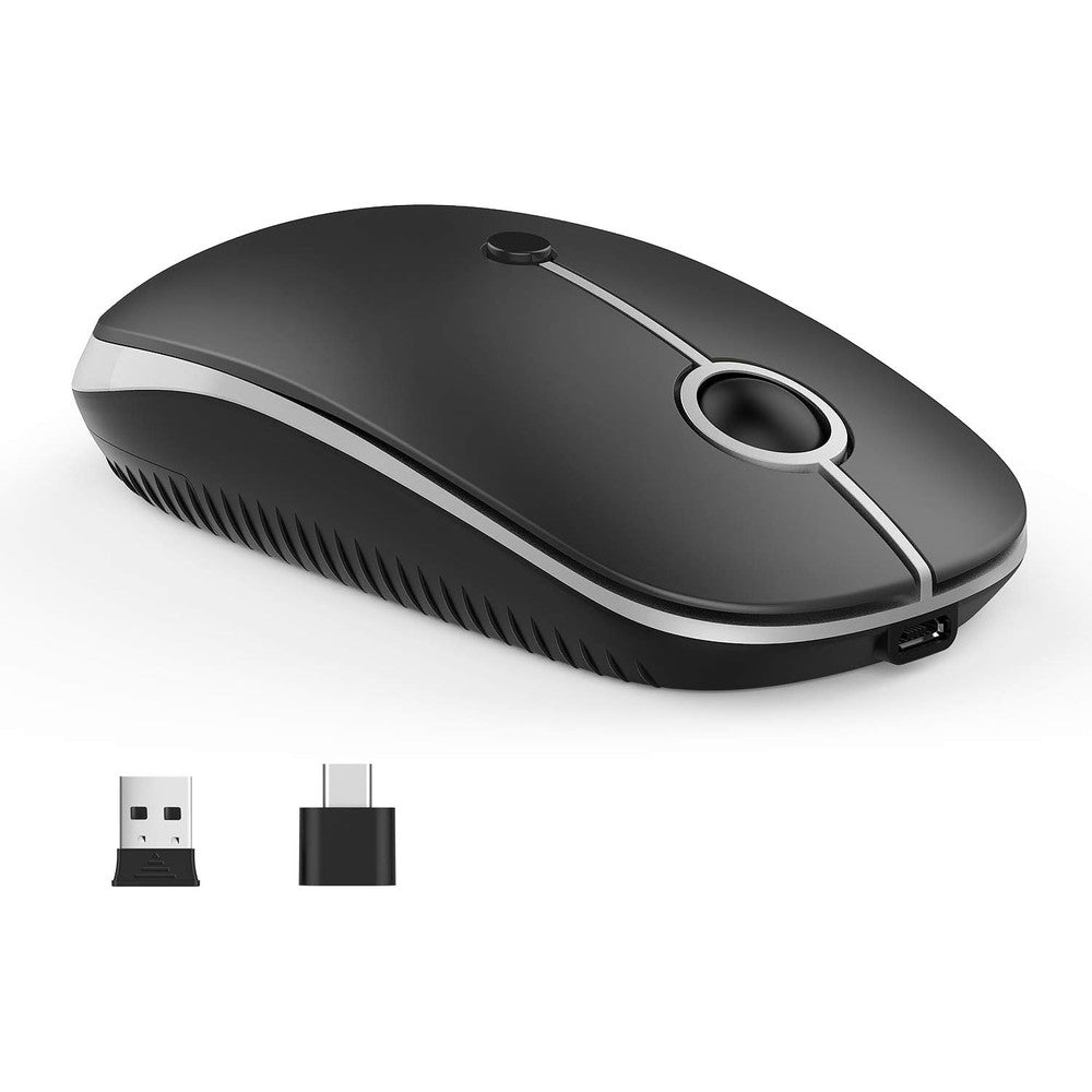 VssoPlor Type C dual mode wireless mouse front view showing sleek black and silver premium finish
