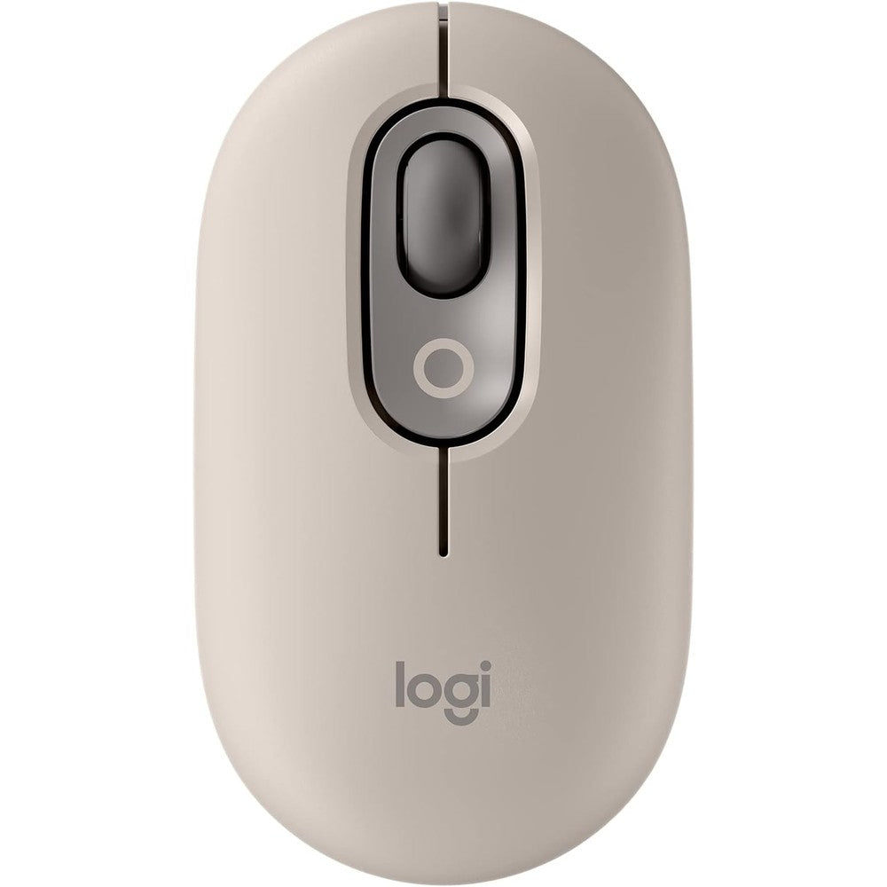 Logitech POP Wireless Mouse Mist front view showcasing the soft gray color profile and customizable top button