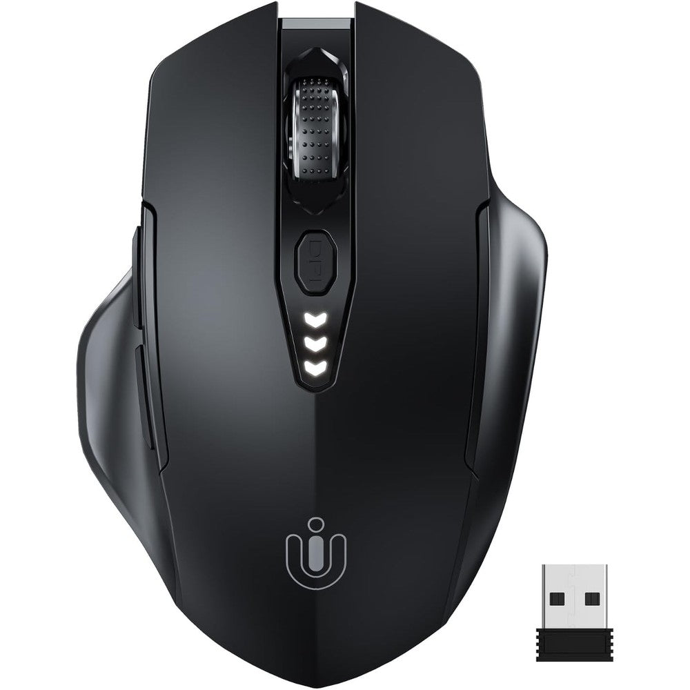Uineer upgraded rechargeable wireless mouse matte black front view showing visible battery level indicator display