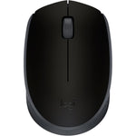 Logitech M170 Wireless Mouse front view showing symmetrical black body and scroll wheel