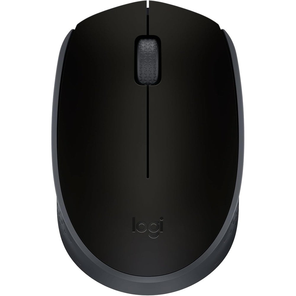 Logitech M170 Wireless Mouse front view showing symmetrical black body and scroll wheel
