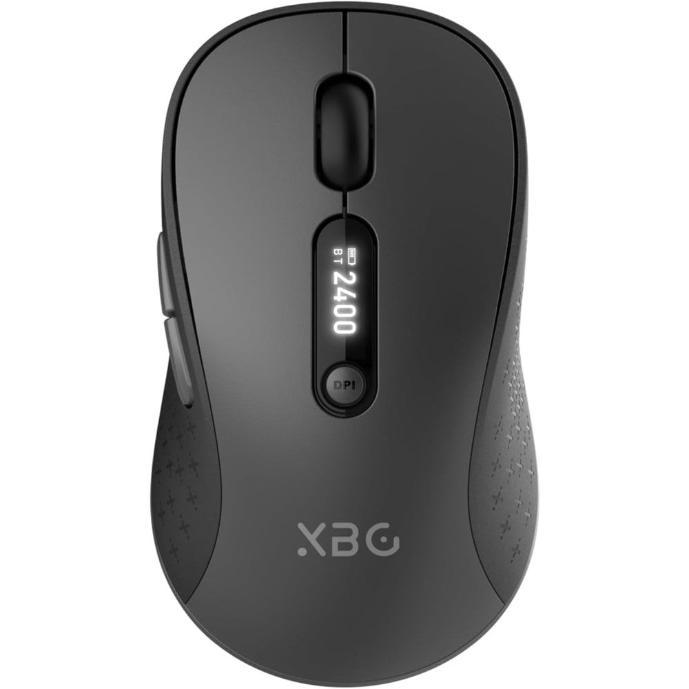 XBG B15pro Wireless Bluetooth Mouse front view showing the ergonomic thumb rest and smart LED display screen