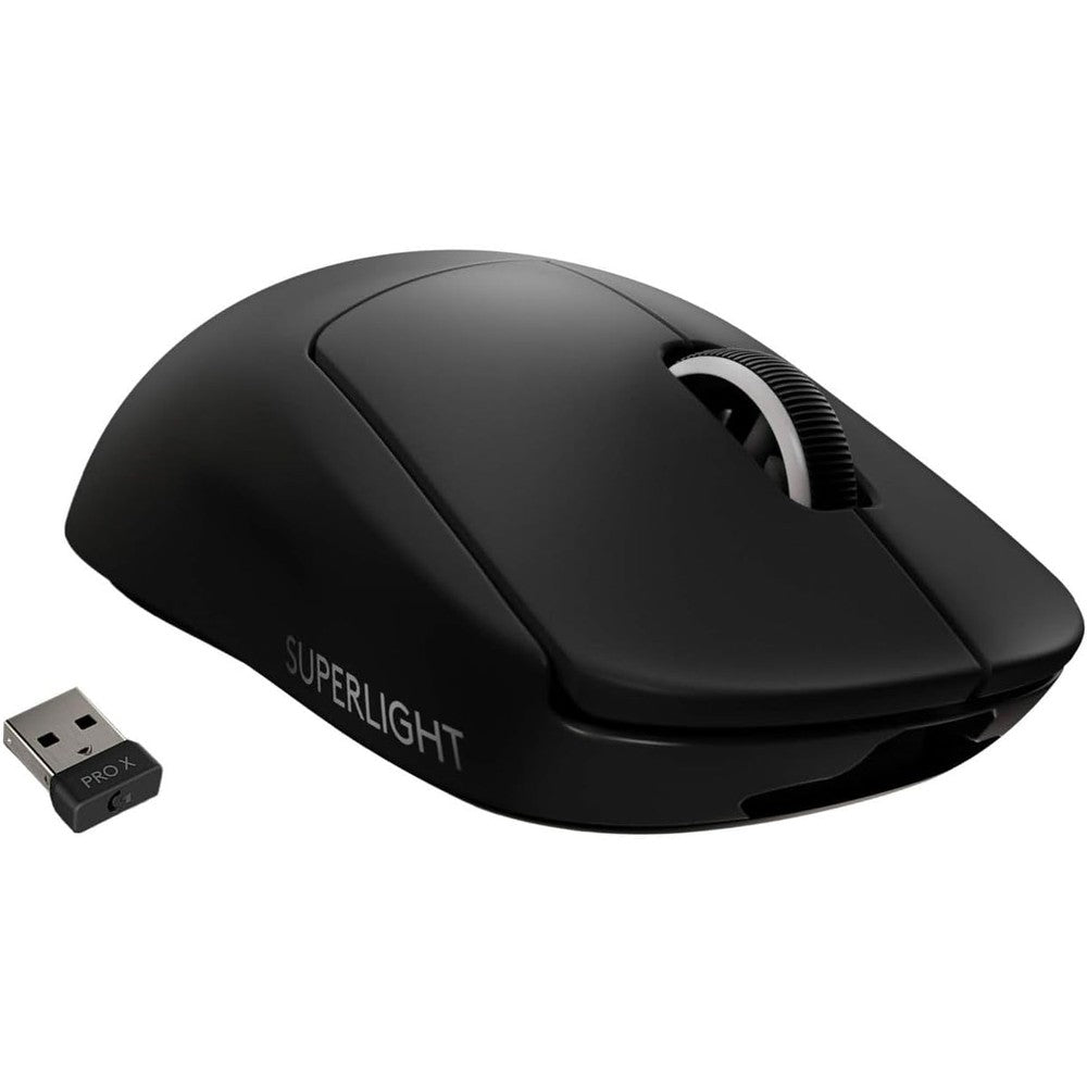 Logitech G PRO X Superlight wireless gaming mouse black front view showing ergonomic layout