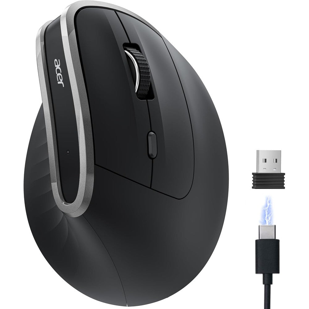Acer wireless vertical ergonomic mouse front view showcasing fifty-eight degree tilt design