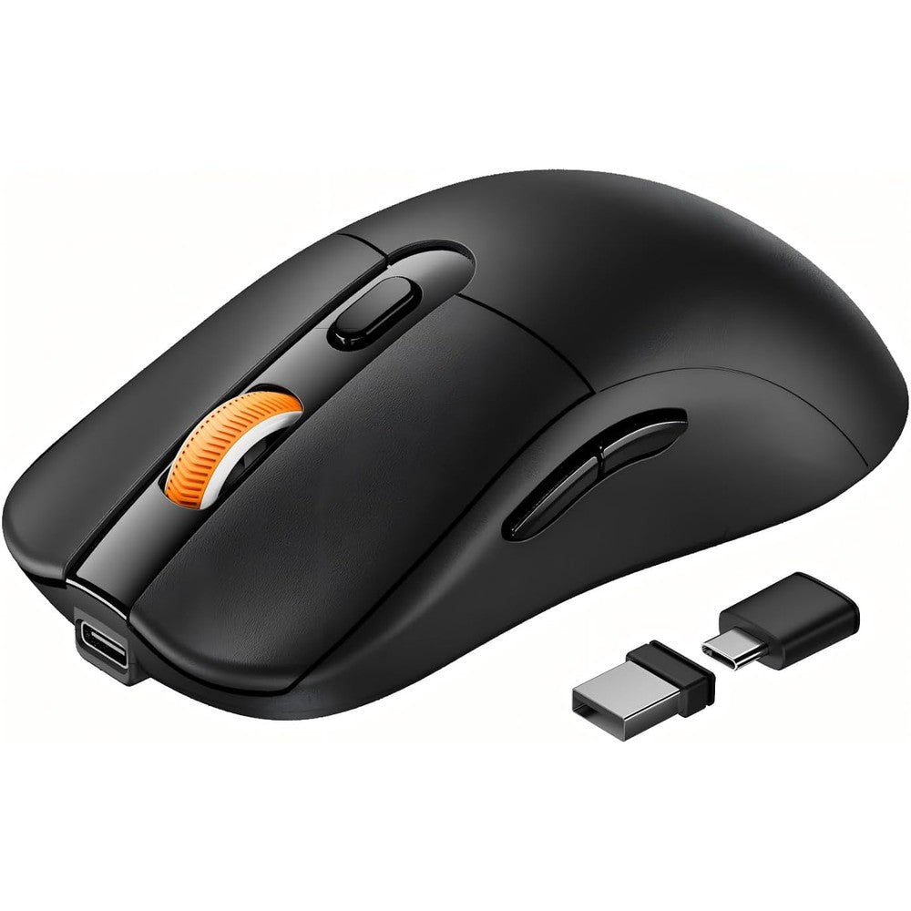 ProtoArc EM15 Bluetooth wireless mouse front view showcasing sleek black body and orange scroll wheel.