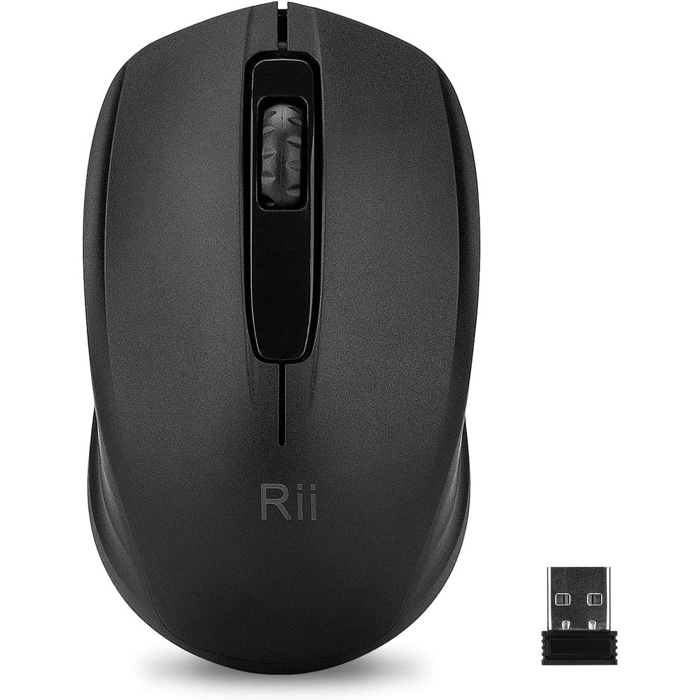 Rii wireless mouse in black front view showing sleek matte finish scroll wheel and main buttons.