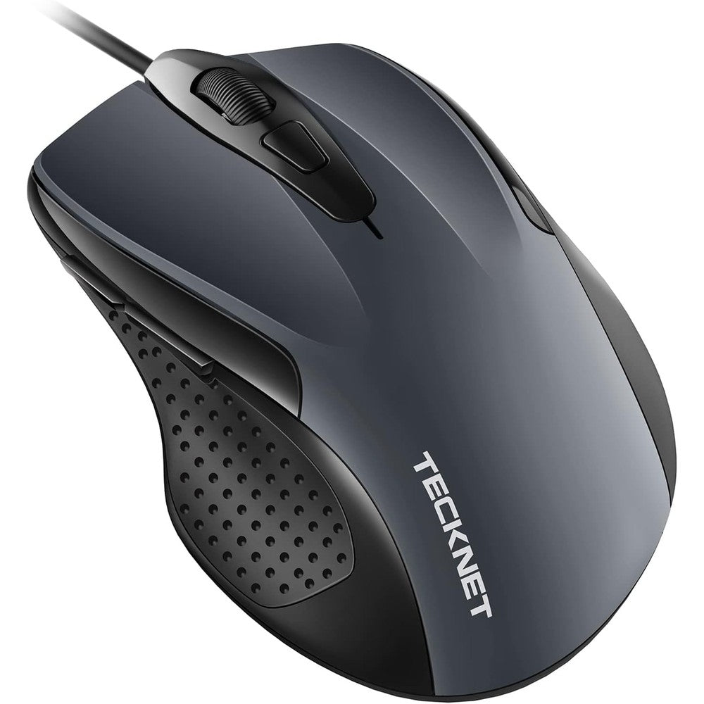 Tecknet ergonomic wired computer mouse front view showcasing gray contoured design