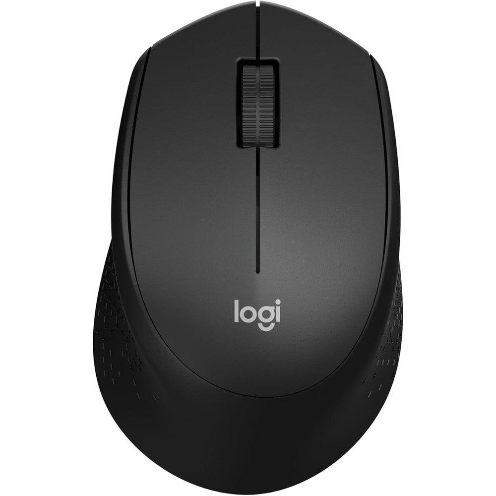Logitech M330 Silent Plus wireless mouse front view showing matte black finish and scroll wheel