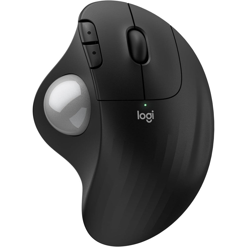 Logitech Ergo M575S wireless trackball mouse front view showing black ergonomic body and silver thumb ball.