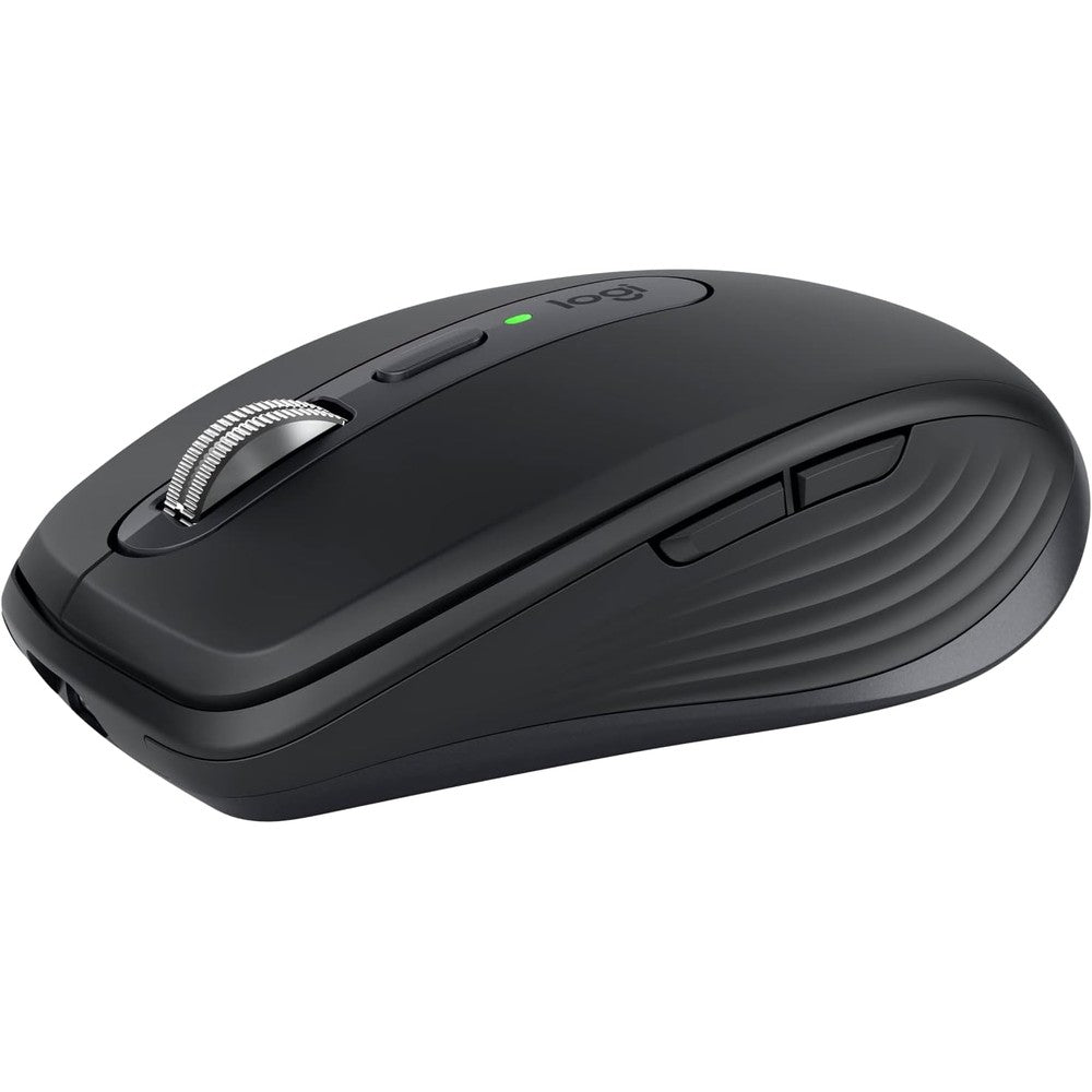 Logitech MX Anywhere 3S compact wireless mouse graphite front view showing premium scroll wheel