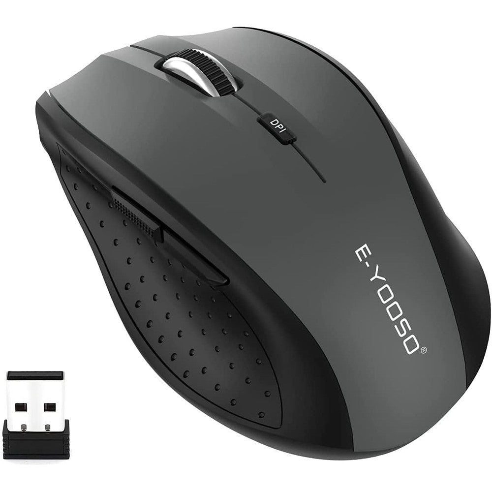 E-YOOSO wireless mouse front view showing sleek black ergonomic design