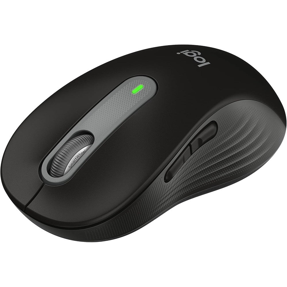 Logitech Signature M650 L wireless mouse front view showing the graphite black body and textured scroll wheel.