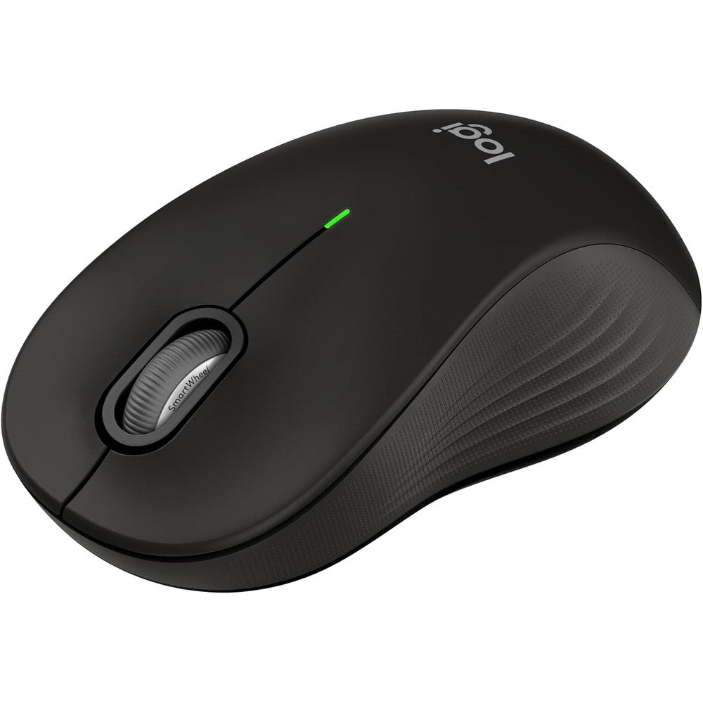 Logitech Signature M550 L full size wireless mouse front view in black showing the ergonomic shape and smart wheel splitter.