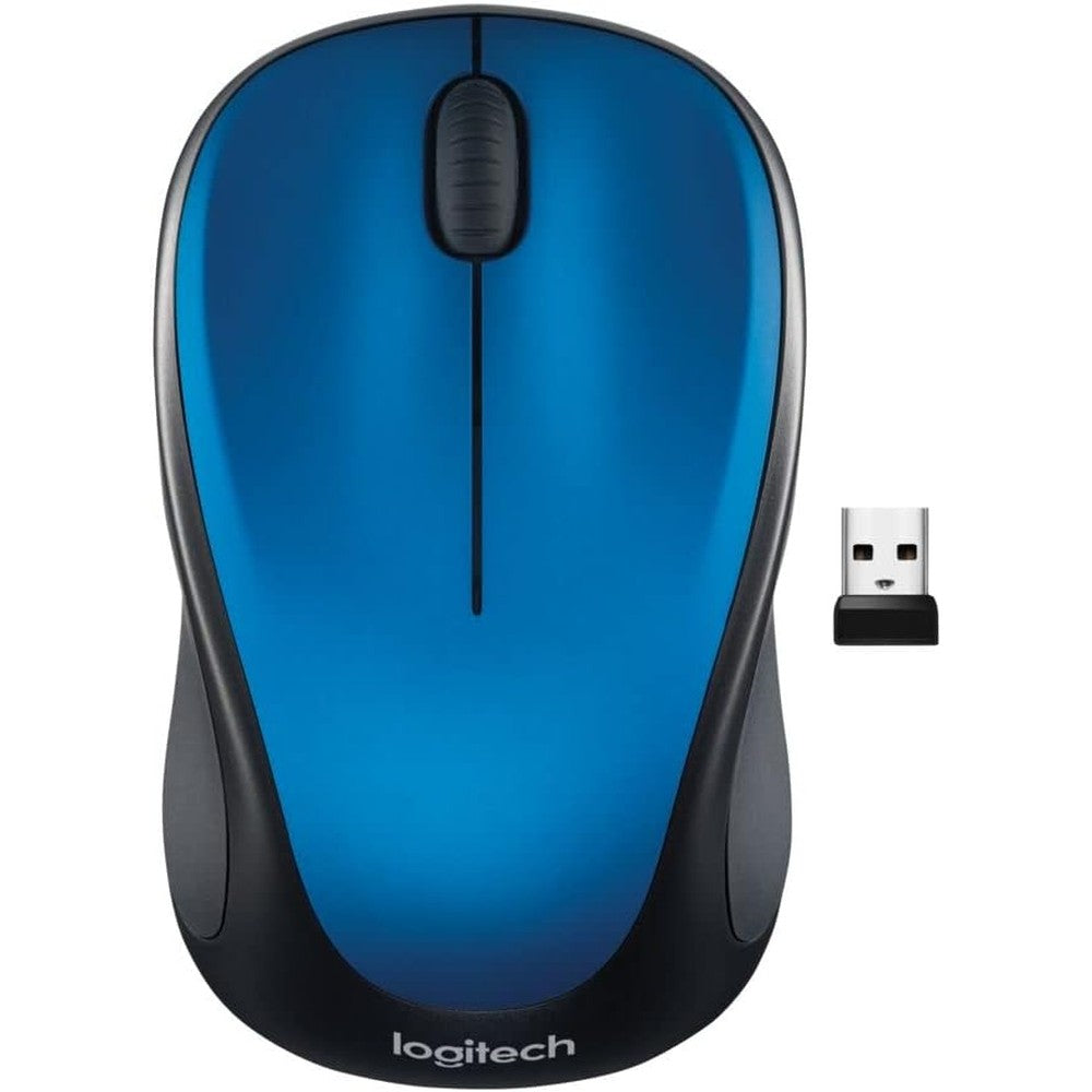 Logitech M317 Wireless Mouse front view in steel blue color showing ergonomic design
