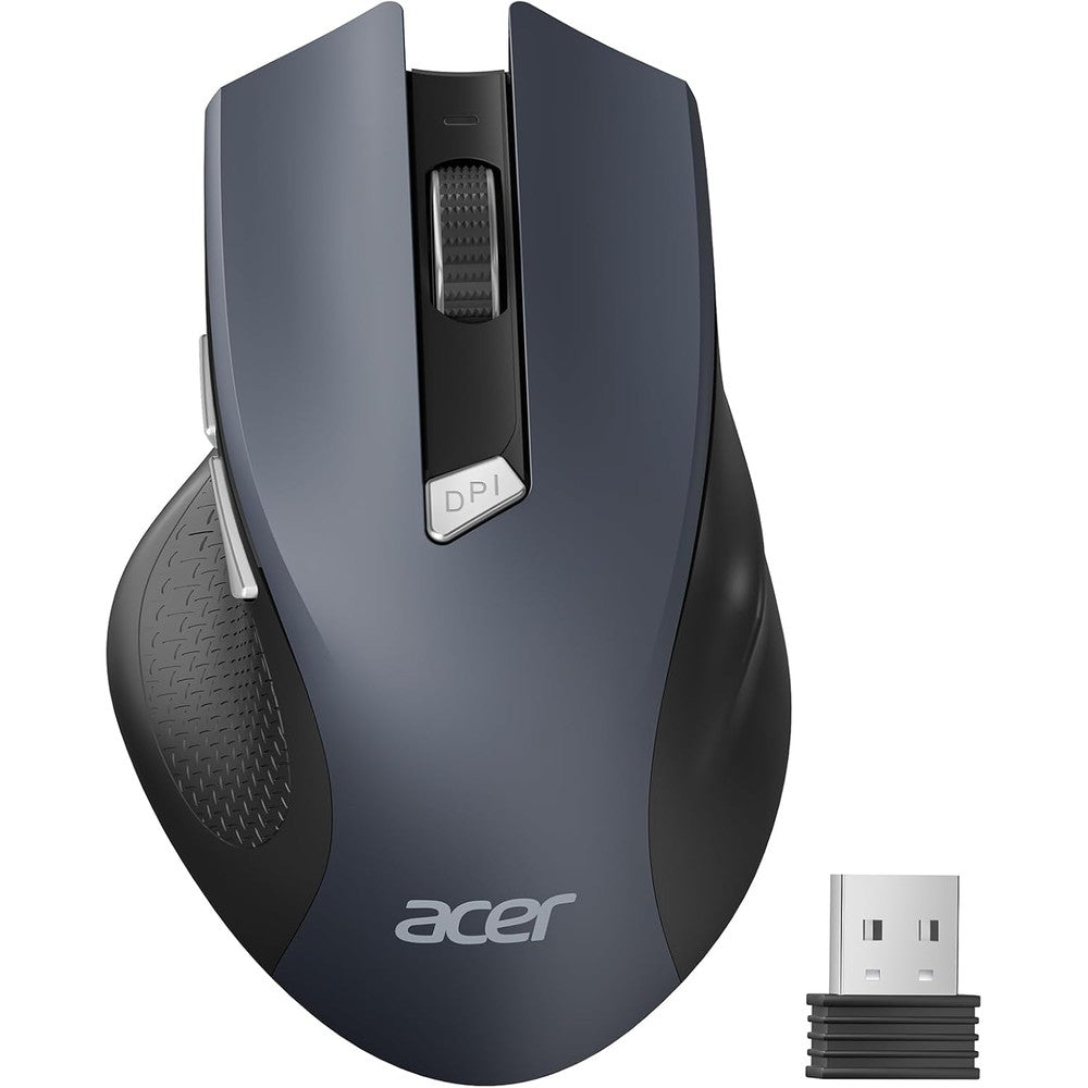 Acer wireless mouse front view showcasing the ergonomic dark grey finish and 6 button layout.