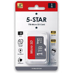 5-Star 1 Terabyte Micro SD memory card front view displaying high capacity branding for smartphone expansion.
