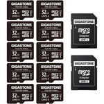Gigastone 32GB Micro SD Card 10-Pack front view showcasing ten black memory cards with retail labeling.