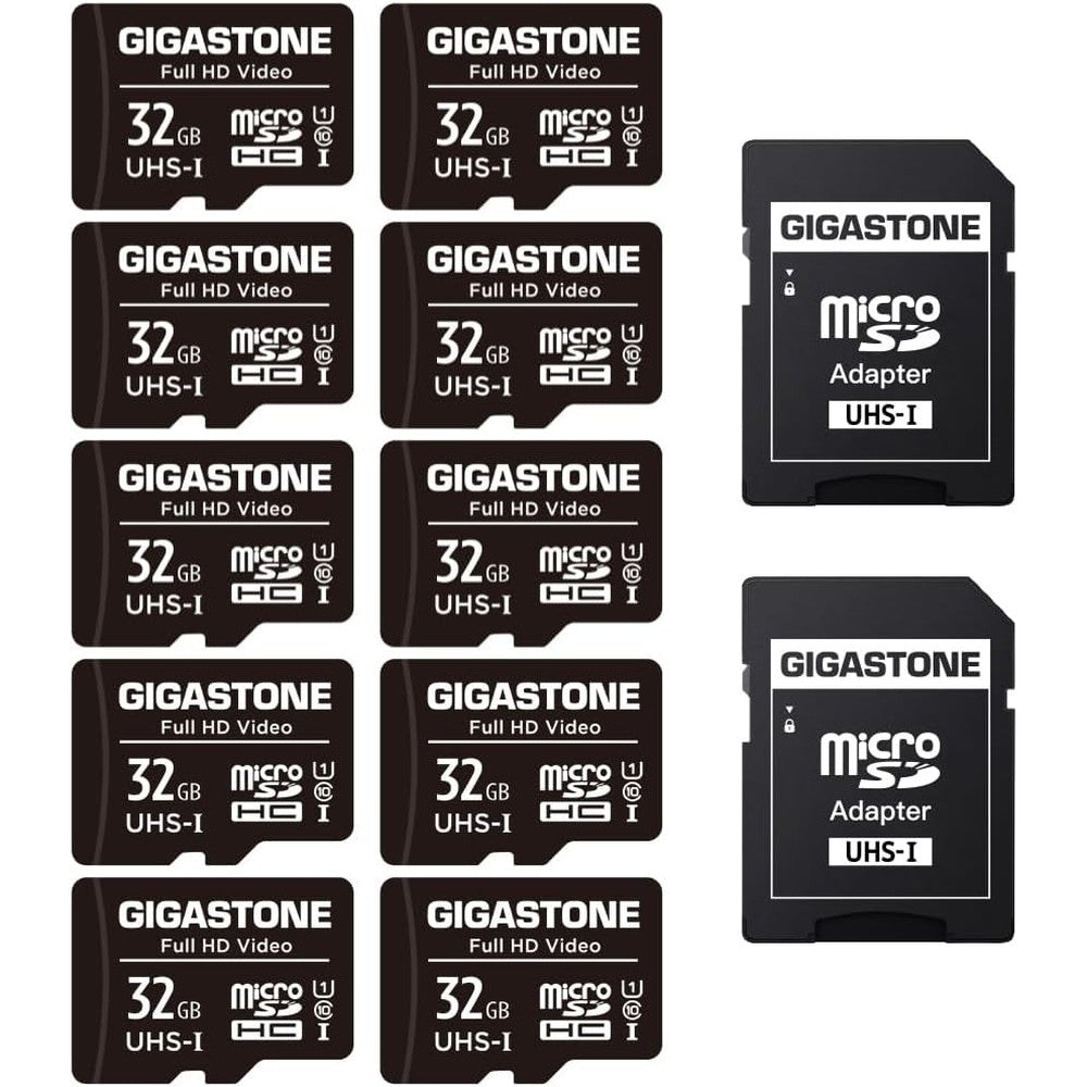 Gigastone 32GB Micro SD Card 10-Pack front view showcasing ten black memory cards with retail labeling.