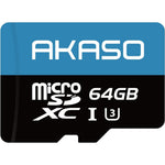 AKASO 64GB MicroSDXC memory card front view displaying high speed ratings.
