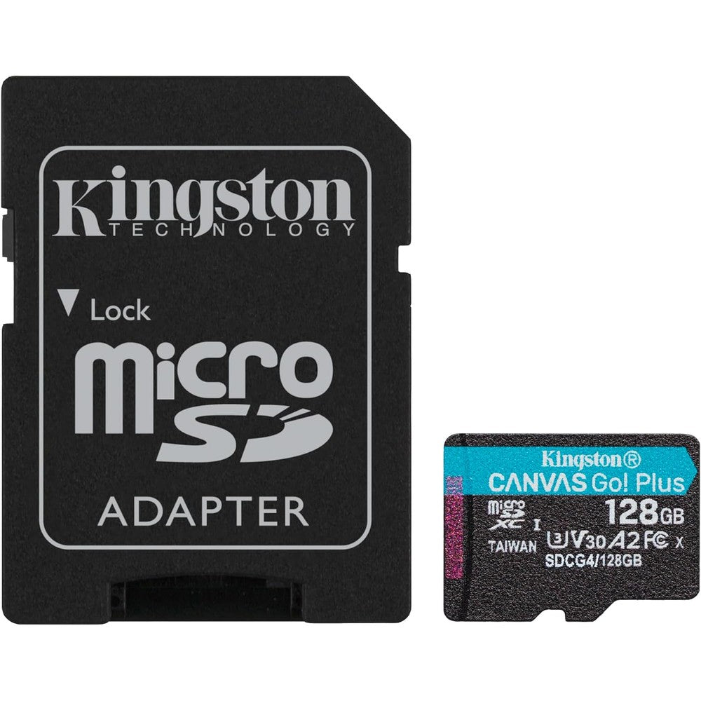 Kingston Canvas Go Plus 128GB microSD card front view showing class ratings and speed parameters.