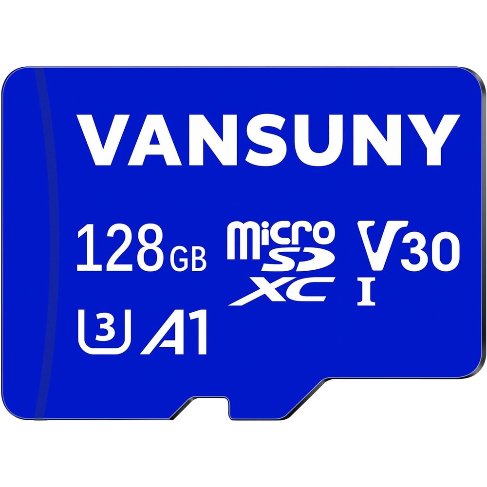 Vansuny 128GB MicroSDXC memory card front view displaying blue design with A1 and V30 speed indicators