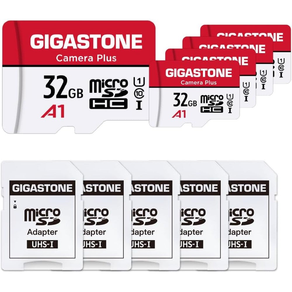 Gigastone 32GB micro SD card 5 pack retail packaging front view showing five memory cards and five adapters.