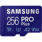 Samsung PRO Plus 256GB microSD card front view showing blue design and speed ratings