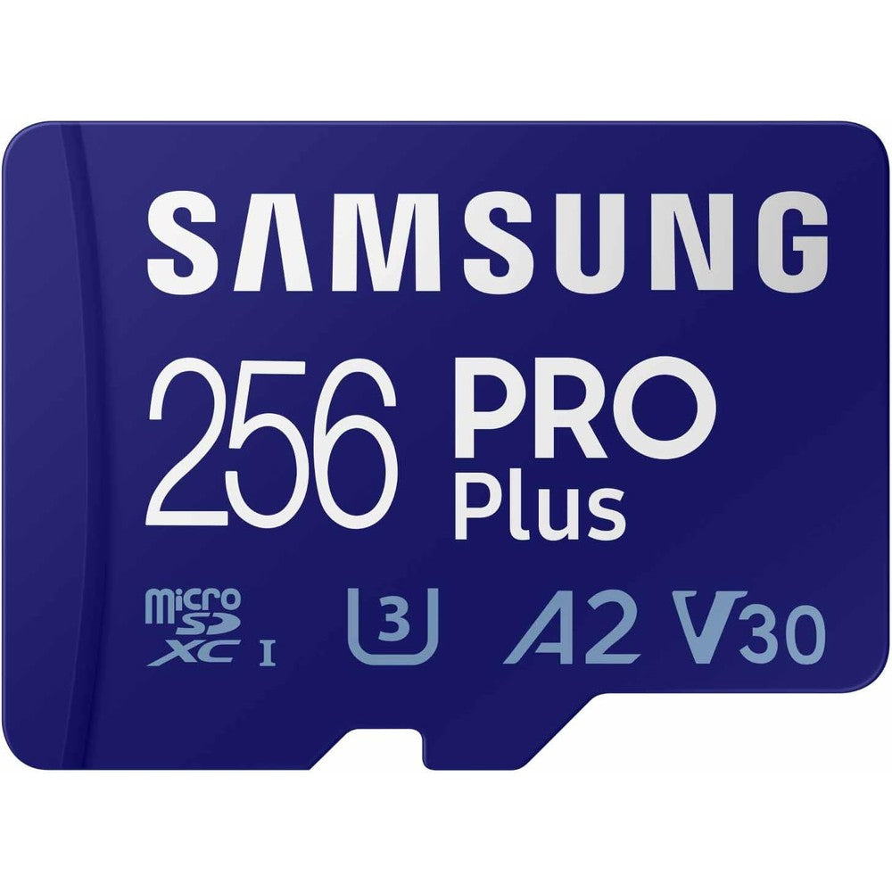Samsung PRO Plus 256GB microSD card front view showing blue design and speed ratings